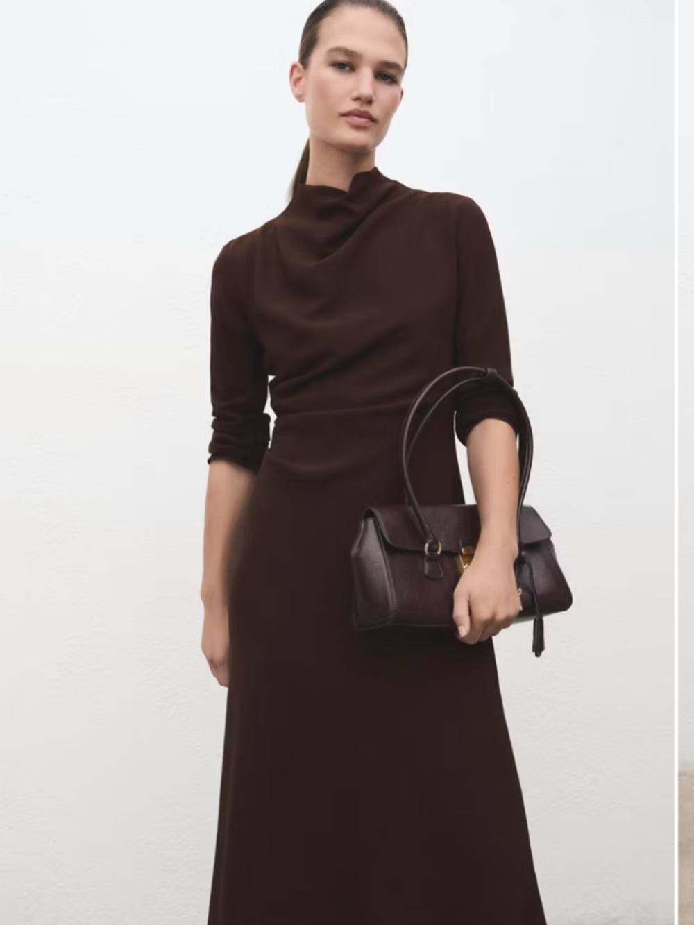 Mango Ruched Midi Dress w Draped Neckline